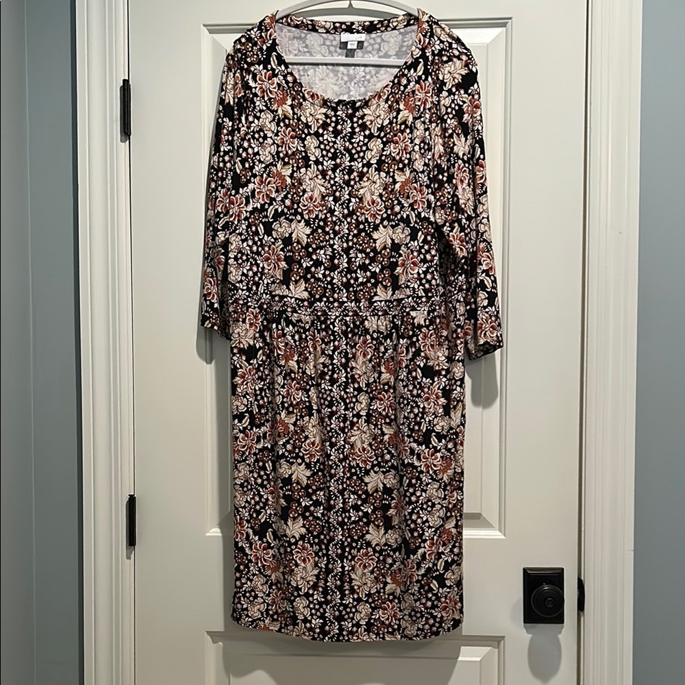 J. Jill Brown, Black, and Cream Floral 3/4 Sleeve Dress